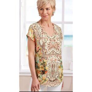 Soft Surroundings Floral Paisley Beaded Tunic Top PL Short Sleeve Womens Boho
